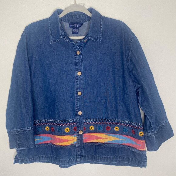 Vintage TY Wear Denim Button-Up Jacket Womens XL Embroidered Aztec Western - Picture 1 of 13